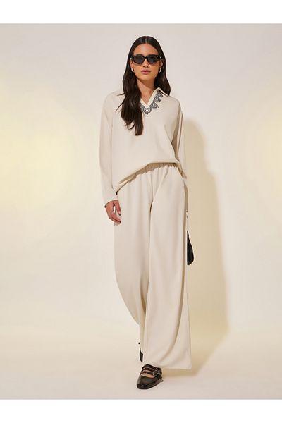 Styli Embroidered Detail Collared Top and Pants Co-Ords