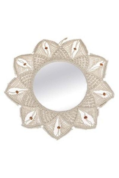 Jumbo Beige Round Mirror with Macramé & Ceramic Beads Ø58 cm