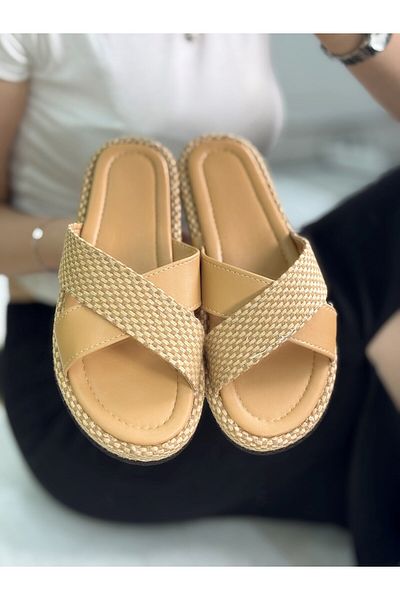 Nstil Daily Women's Straw Cross Band Soft Stitched Sole Lightweight Summer Comfortable Slippers 065