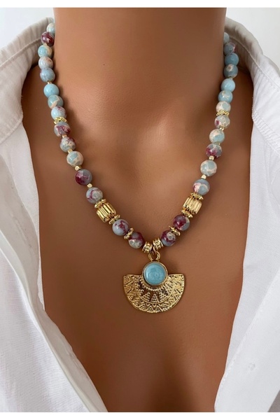 TARZ-I TAKI Doğal Taş Naturel Gök Mavi Varasit Taşı Altın Kaplama Kolye Ucu Tasarım Kadın Kolye Özel Hediye