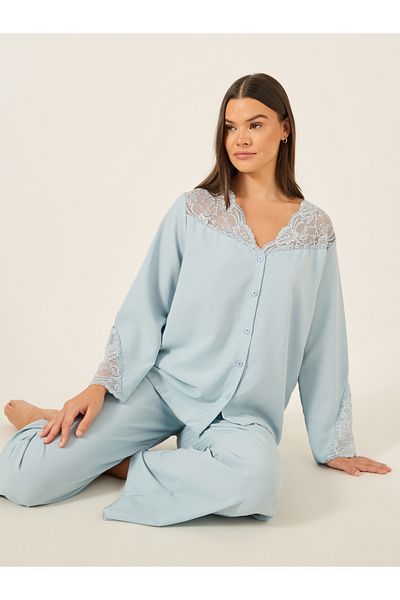 Styli Lace Insert Button Front Shirt and Pyjama Set