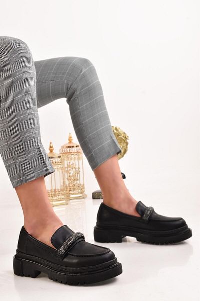 Peta Women's Laofer Black Skin Stone Detailed Casual Shoes