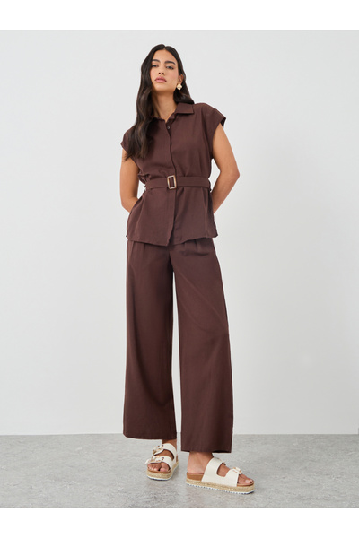 Styli Solid Cap Sleeve Shirt and Wide Leg Pants Co-Ords