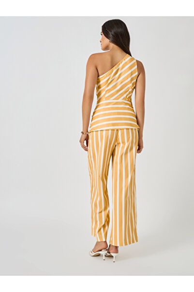 Styli Striped One Shoulder Neck Top and Wide Leg Pants Co-Ords