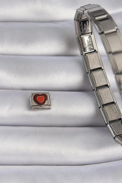 AfraBeauty 316L Steel Silver Color Brown Heart Embroidered Nomination Charm