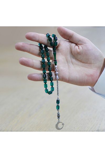 Tesbihane سبحة من الخرز المعدني المقاوم للتلطيخ مع طبقة على شكل نجمة وقمر مكتوب عليها اسم Ayyıldız باللون الأخضر المائي
