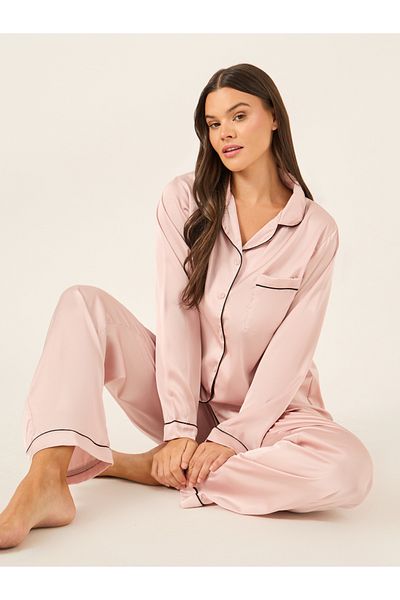 Styli Piped Detail Matte Satin Long Sleeve Pocket Shirt and Pyjama Set