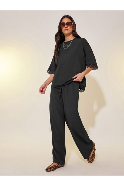 Styli Lace Detail Short Sleeve Top and Pants Co-Ords