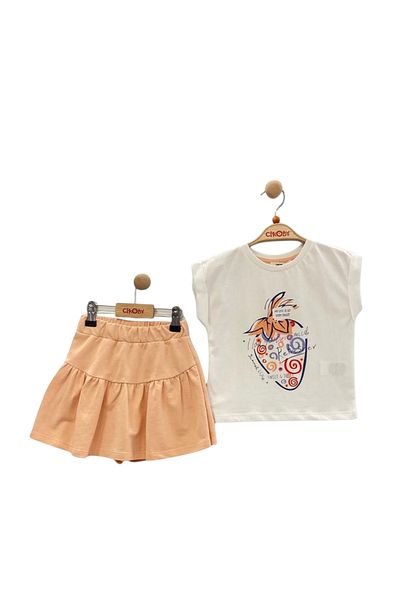 Çikoby Girl's Printed T-Shirt Elastic Waist Shorts Skirt Set