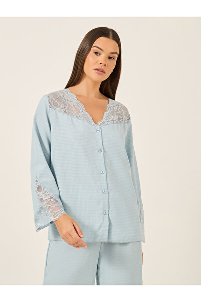 Styli Lace Insert Button Front Shirt and Pyjama Set