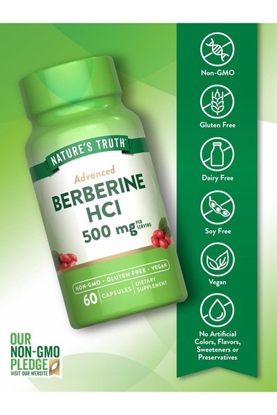 Nature's Truth Berberine Capsules | 500mg | 60 Count | Vegetarian, Non-GMO, & Gluten Free Supplement