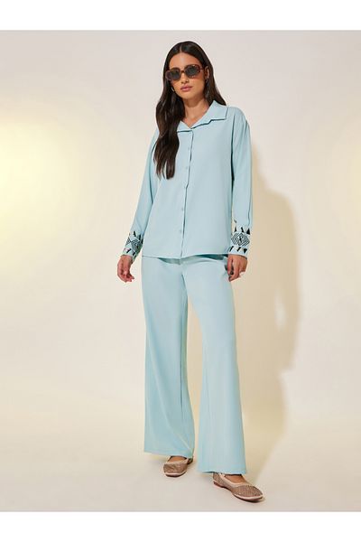 Styli Embroidered Cuff Long Sleeve Shirt and Pants Co-Ords
