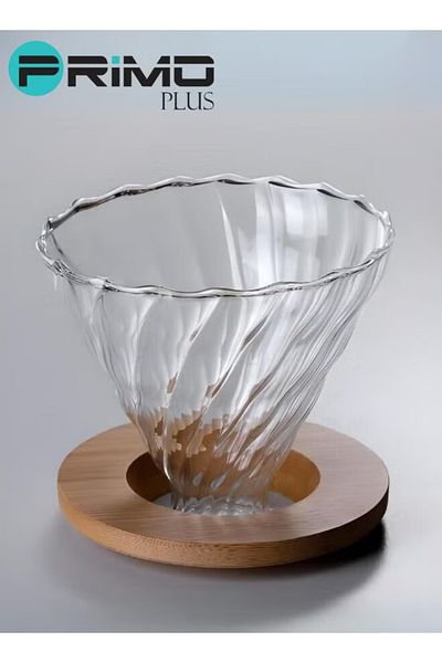 Primo Plus V60 Glass Coffee Dripper With Wooden Base Clear