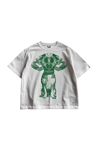 TresMonos Skull Dog Fusion Printed Oversize Short Sleeve Cotton Unisex White T-Shirt
