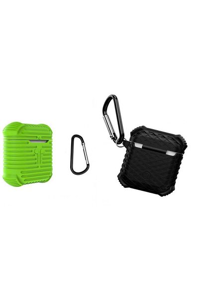 Generic Casual Silicone Protective Case Cover for AirPods with Safety Ring, Black, 2 Pieces