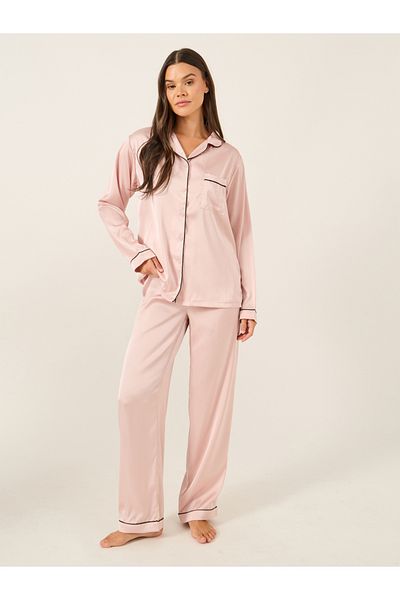 Styli Piped Detail Matte Satin Long Sleeve Pocket Shirt and Pyjama Set