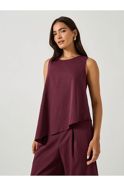 Styli Solid Sleeveless Asymmetric Hem Top and Wide Leg Pants Co-Ords