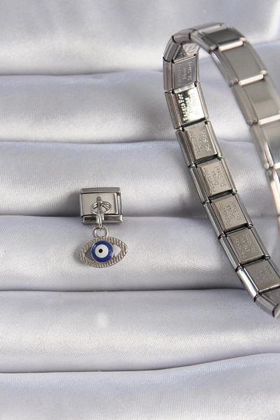 AfraBeauty 316L Steel Silver Color Dangle Eye Figure Evil Eye Bead Detail Nomination Charm