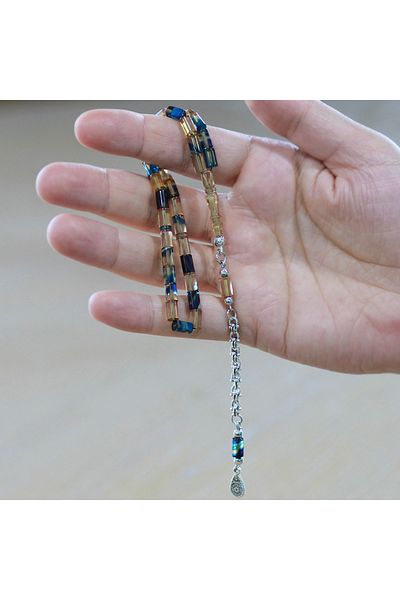 Tesbihane خرز معدني مانع للتشويه على شكل شرابة ألبانية، لون أزرق وأبيض، بطول المعصم، من الخرز العنبر