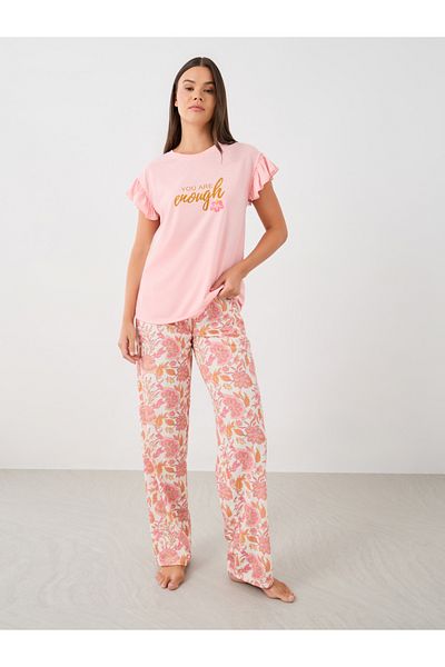 Styli You Are Enough Slogan Print T-Shirt and Floral Print Pyjama Set