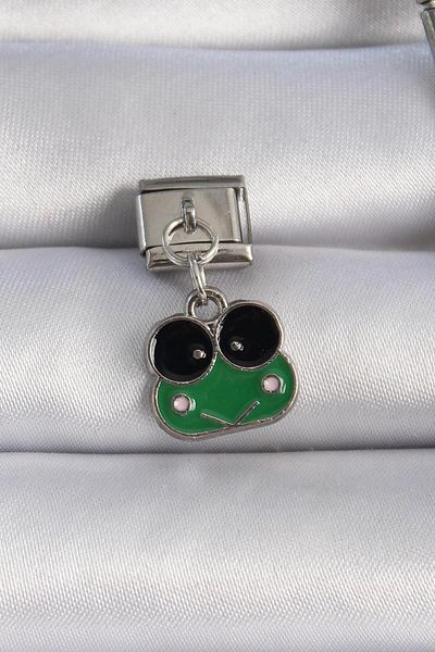 AfraBeauty 316L Steel Silver Color Dangle Green Frog Figure Nomination Charm