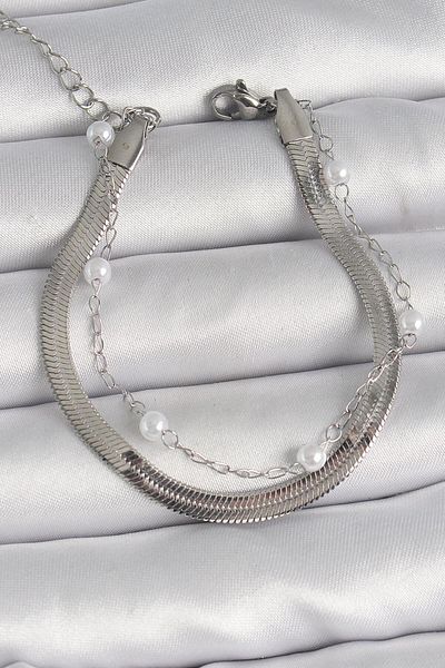 AfraBeauty 316L Steel Silver Color 2-Piece Italian Chain Pearl Detail Women's Bracelet