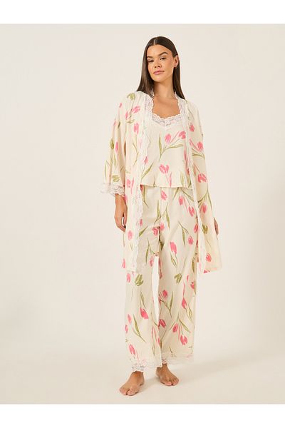 Styli Lace Trim Floral Print Cami and Pyjama with Robe Set