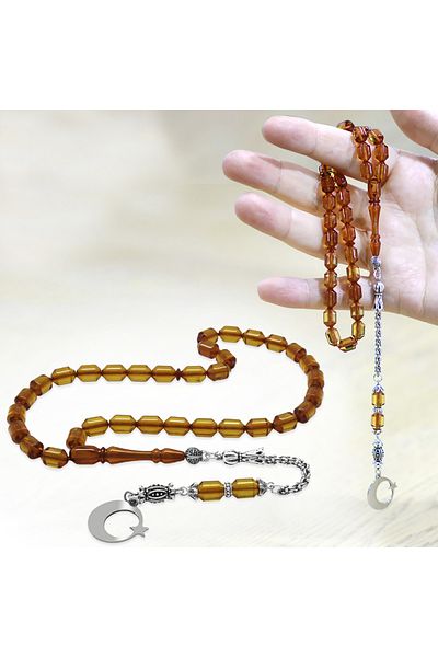 Tesbihane Non-Tarnish Metal Tassel Tip Capsule Name Written Ayyıldız Plate Transparent Yellow Fire Amber Prayer Beads
