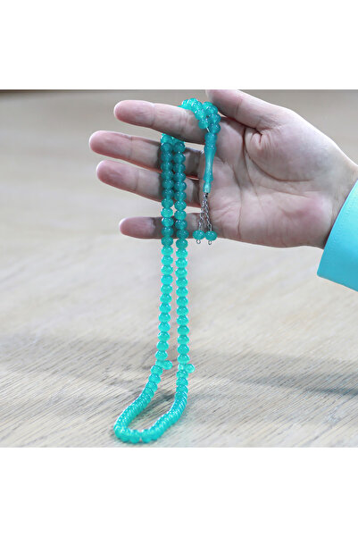 Tesbihane Non-Tarnish Metal Tassel Wheel Cut Water Green Color 99 Grain Cat's Eye Prayer Prayer Beads