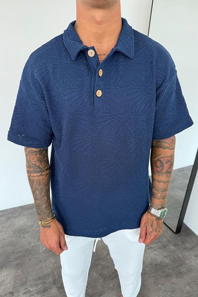 MADZEYMODA Ανδρικό μπλουζάκι με γιακά με άνετη εφαρμογή Navy Blue Knitwear KE-7017