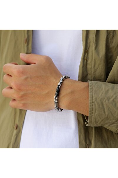 Tessero Bracelet Byzantine Pattern, Stainless Steel with 18K Gold Plating, Silver and Black, 6mm, 20cm