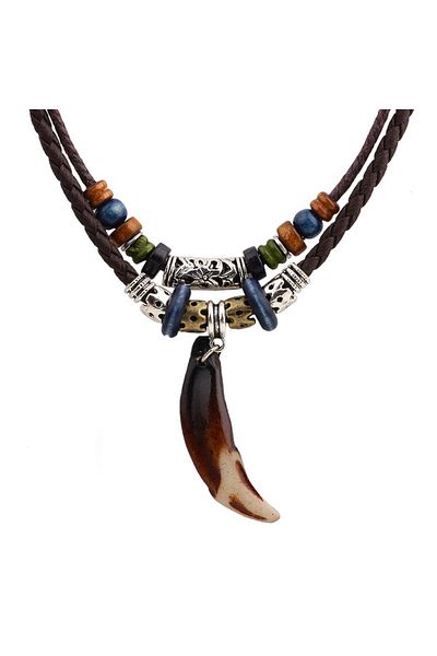 Tessero Men's necklace braided with semi-precious stones, Tribal model with wolf tooth, adjustable o