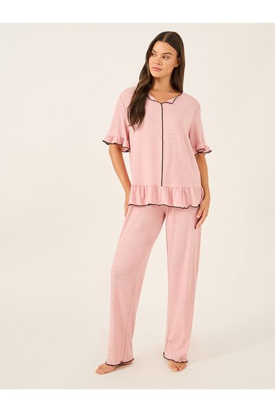 Styli Ruffle Trim Contrast Stitch Top and Pyjama Set