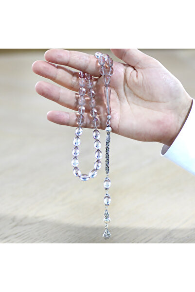 Tesbihane Ασημένια 925 κορυφαία ποιότητα, αλυσίδα King Chain με φούντες, φαρδύ κομμένο διαφανές λευκό καταλινικό ροζάριο