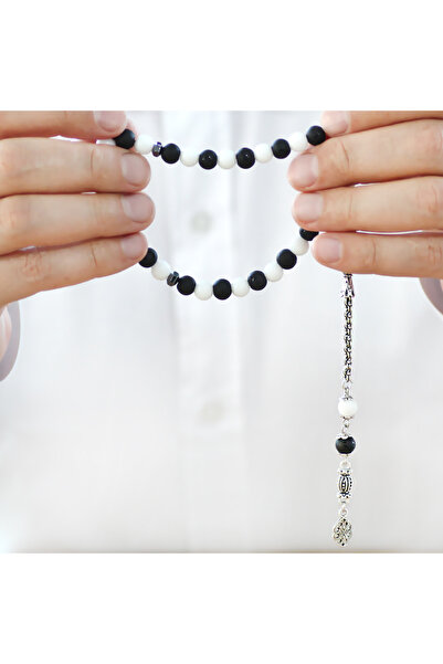 Tesbihane Non-Tarnish Metal Albanian Tassel Sphere Cut Black White Jade Moon Star Onyx Natural Stone Fan Prayer Beads M2
