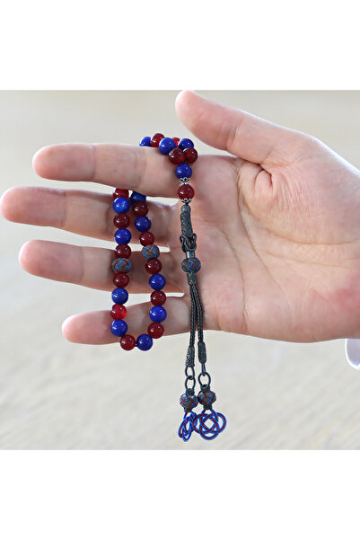 Tesbihane 1000 Sterling Silver Kazaz Tasseled Sphere Cut Claret Blue Jade Natural Stone Fan Prayer Beads