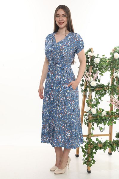 etselements Rochie roz de vară cu model de flori, cu curea cu nasturi, 408 albastru apă