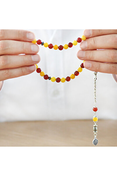 Tesbihane Tarnish Free Metal Albanian Chain with Tassel Sphere Cut Yellow Red Jade Agate Natural Stone Fan Prayer Beads M1
