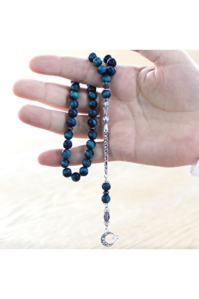Tesbihane Non-Tarnish Metal Albanian Chain Tassel Sphere Cut Turquoise Tiger's Eye Natural Stone Prayer Beads