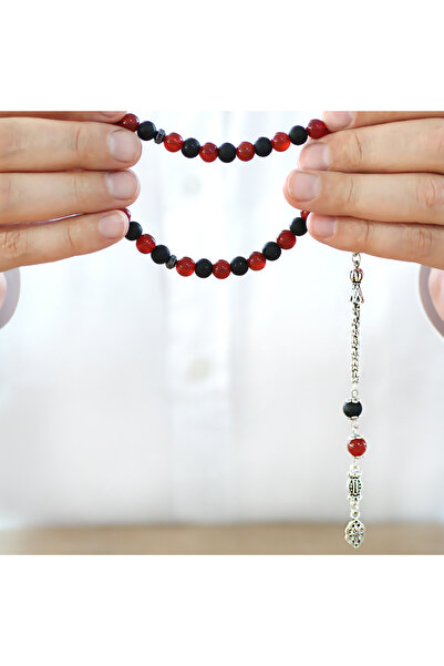 Tesbihane Non-Tarnish Metal Albanian Tassel Sphere Cut Red Black Onyx Agate Natural Stone Fan Prayer Beads M1