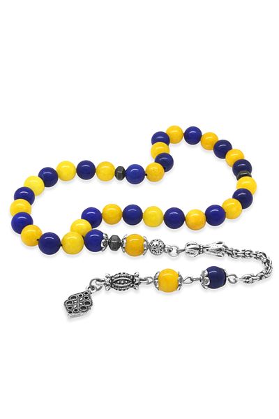 Tesbihane Tarnish-Free Metal Albanian Chain Tassel Sphere Cut Yellow Navy Blue Jade Natural Stone Fan Prayer Beads M1