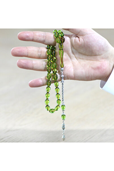 Tesbihane Non-Tarnish Metal Albanian Chain Tassel Pheasant Imame Beyzi Cut Green Catalin Prayer Beads