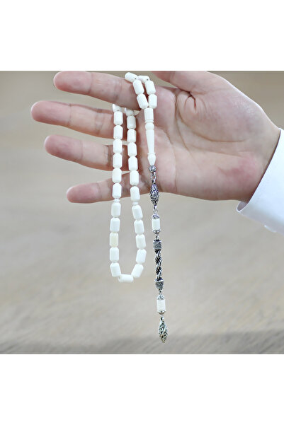 Tesbihane Non-Tarnish Metal Rope Tassel Tip Capsule Cut White Color Camel Bone Prayer Beads