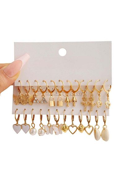 Generic 12-Pair Gold Colour Tone Dangle Hoop Earrings Set Charms, Pearls & Butterflies