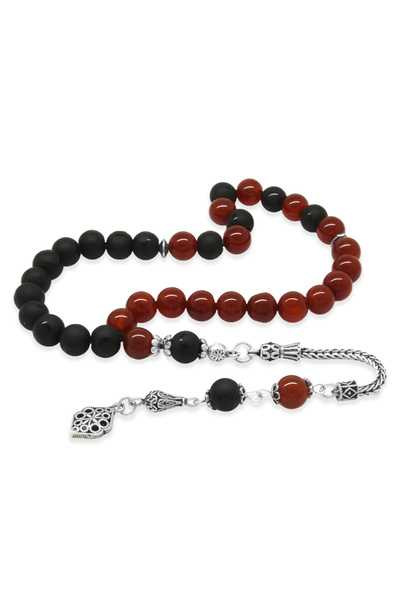 Tesbihane 925 стерлингово сребро, топка с пискюл, червено-черна полумесечна луна, оникс, агат, естествен камък, ветрило, молитвени броеници