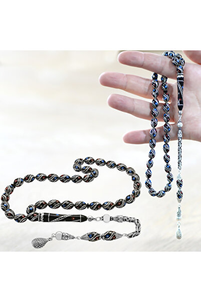 Tesbihane 925 Ayar Gümüş Kral Püsküllü Gümüş Firuze Mercan İşlemeli Arpa Kesim Erzurum Oltu Taşı Tesbih