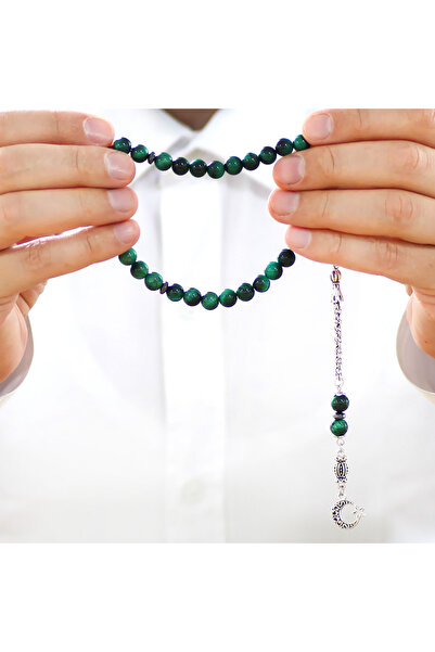 Tesbihane Non-Tarnish Metal Albanian Chain Tassel Sphere Cut Green Tiger Eye Natural Stone Prayer Beads