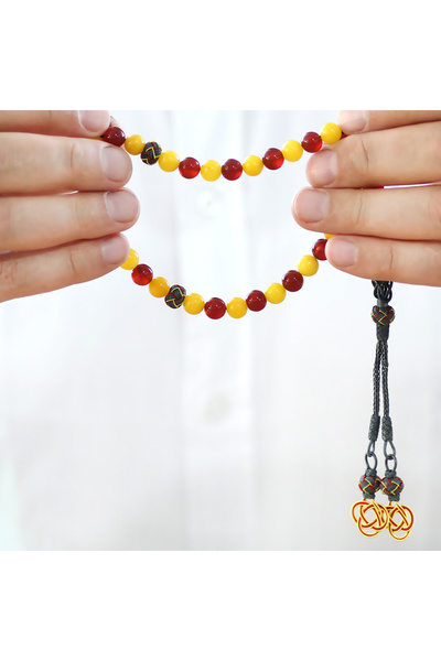 Tesbihane 1000 Sterling Silver Kazaz Tasseled Sphere Cut Yellow Red Jade Agate Natural Stone Fan Prayer Beads