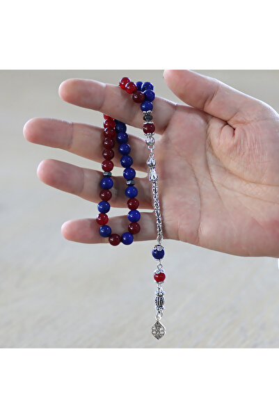 Tesbihane Tarnish-Free Metal Albanian Chain Tassel Sphere Cut Claret Blue Jade Natural Stone Fan Prayer Beads M2