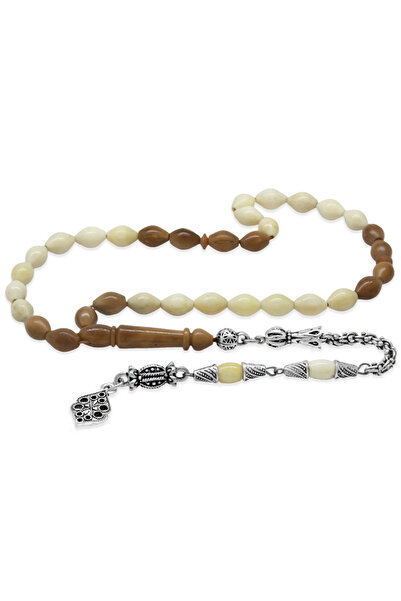 Tesbihane Non-Tarnish Metal Albanian Chain Tassel Kuka Imameli Barley Cut Natural Color Camel Bone Prayer Beads